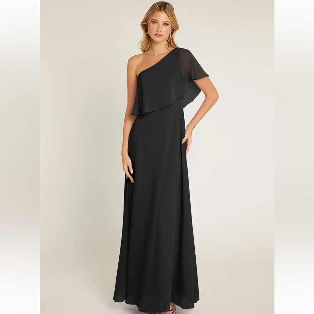 Azazie “Lizzy” Black One-Shoulder Bridesmaid Dress